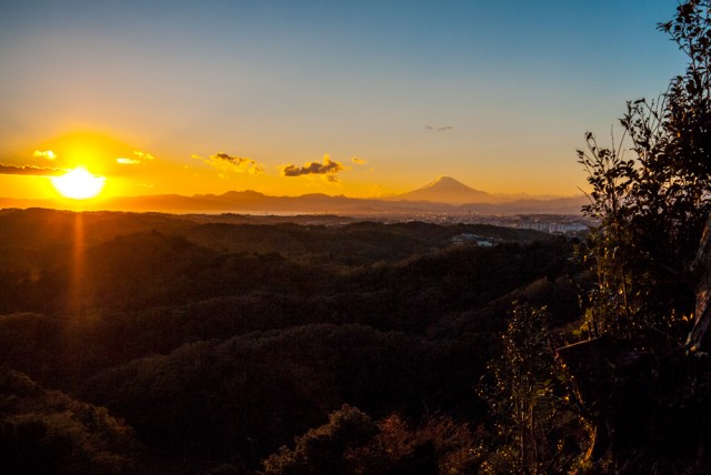 勝上献・展望台からみた夕日の富士山